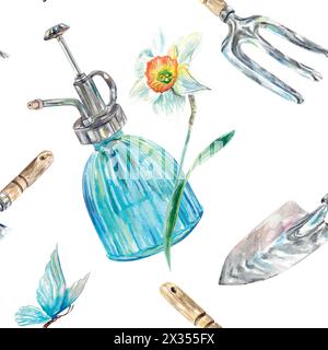 Gardening tools, seamless pattern. Sprayer, spatula, butterfly, daffodil. Hand drawn watercolor vector illustration for cards, wrapping paper, textile Stock Vector