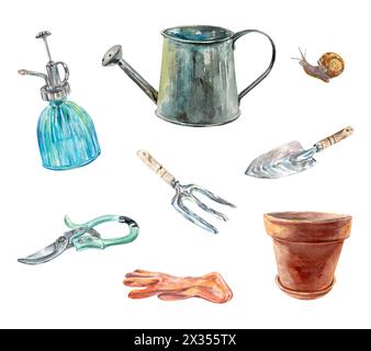 Gardening tools watercolor. Watering can, shovel, glove, sprayer, snail. Vector illustration for birthday cards, spring holidays, invitations, banners Stock Vector