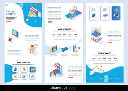 Internet shopping isometric landing page. Online marketplace, e-commerce corporate website design template. Web banner template with header, middle co Stock Vector