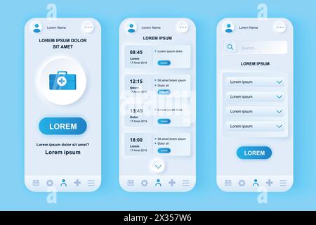 Medical services unique neomorphic design kit. Online solution for booking an appointment with doctor at medical center. UI UX templates set. Vector i Stock Vector
