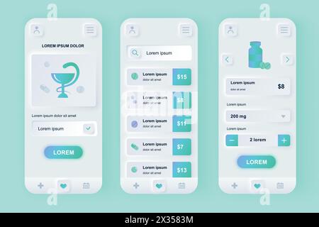 Online medicine unique neomorphic design kit. Pharmacy app with medical ...