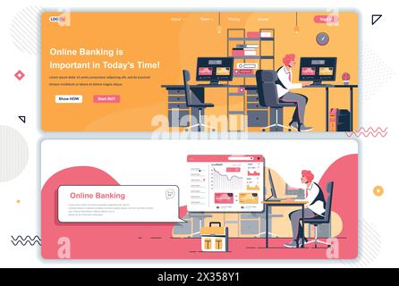 Online banking landing pages set. Financial accounting and payment service corporate website. Flat vector illustration with people characters. Web con Stock Vector