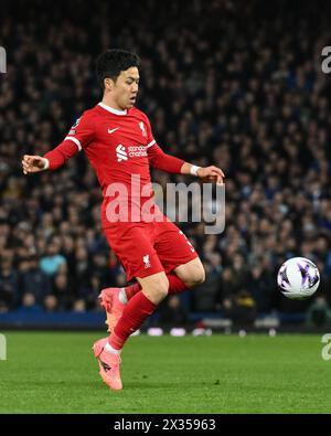 Wataru Endo of Liverpool in action during the Premier League match Everton vs Liverpool at Goodison Park, Liverpool, United Kingdom, 24th April 2024  (Photo by Craig Thomas/News Images) Stock Photo