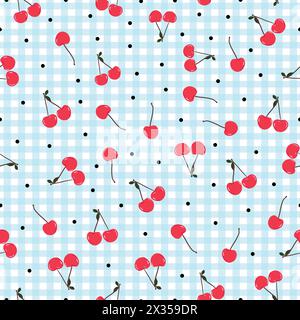 Cherries and dots with plaid pattern seamless fabric design pattern Stock Vector