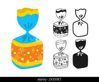 Candy with ornament wrapped sign set. Sweets bonbon lollipop chocolate caramel candies snack flat silhouette, icon linear design. Simple symbol dessert for childish party. Wrapped caramel yummy vector Stock Vector