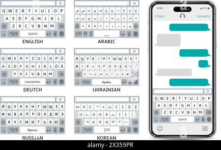 Mobile phone mockup with sms chat. English, Arabic, Germany, Ukrainian, Korean and Russian smart phone virtual keyboards. Vector illustration. Stock Vector