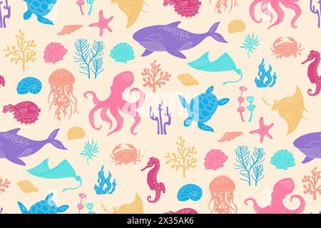 Ocean sea animals grunge seamless pattern. Marine jellyfish, seashell seahorse fish crab, whale, medusa. Nautical undersea boundless background. Endless comic template design for paper print backdrop Stock Vector