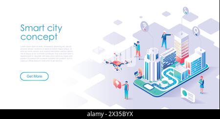 Modern flat design isometric concept of Smart City for banner and website. Isometric landing page template. Business center with skyscrapers, streets Stock Vector