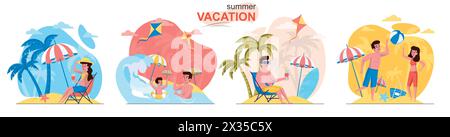 Summer vacation concept scenes set. Man and woman relax on beach, family swimming, couple plays ball, seaside resort. Collection of people activities. Stock Vector