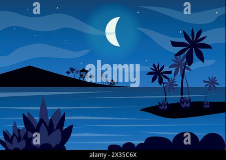 Moon over tropical islands landscape background in flat style. Moonlight at night sky, bungalow silhouettes, palm trees on seashore, seaside resort. N Stock Vector