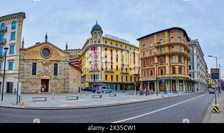 LUGANO, SWITZERLAND - MARCH 18, 2022: Panorama of the central district with medieval Church of Santa Maria degli Angioli, on March 18 in Lugano, Switz Stock Photo