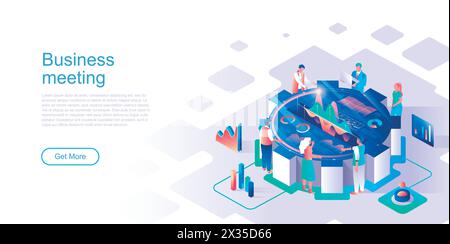 Business meeting landing page vector template. Workshop for entrepreneurs website header UI layout with isometric illustration. Business people cooper Stock Vector