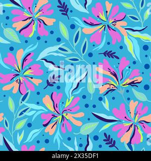 Seamless pattern with cute doodle floral elements. Hand drawn ornament with plants and flowers. Vector illustration. Stock Vector