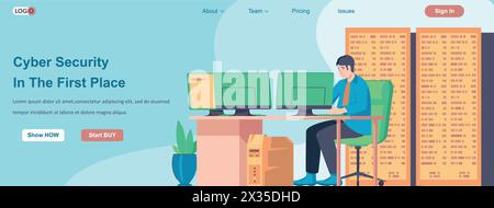 Cyber Security In The First Place web banner concept. Tech service employee ensures protection of users personal data landing page template. Vector il Stock Vector