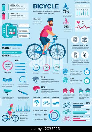 Bicycle banner with infographic elements. Cycling poster template with flowchart, data visualization, timeline, workflow, illustration. Vector info gr Stock Vector