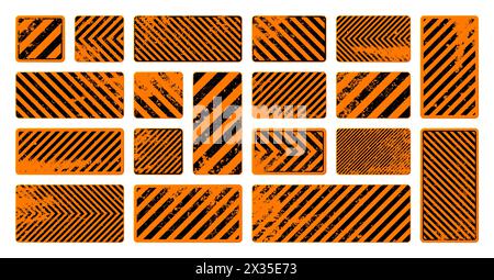 Orange grunge warning signs with diagonal lines. Old attention, danger or caution sign, construction site signage. Realistic notice signboard, warning Stock Vector