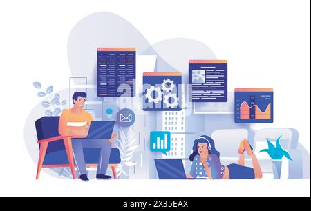 Freelance work concept in flat design. Freelancers or remote workers scene template. Man and woman working on laptops in comfortable environment. Vect Stock Vector