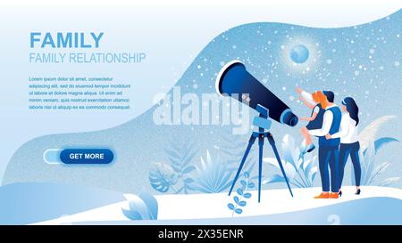 Family relationship flat landing page with header. Mother, father and child looking at stars in large telescope banner vector template. Stargazing, as Stock Vector