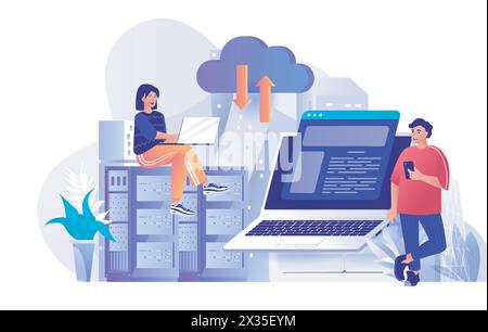 Hosting provider concept in flat design. Engineers working at server racks room scene template. Placement of website for business, tech support. Vecto Stock Vector