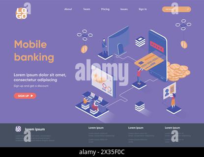 Mobile banking isometric landing page. Smart finance app, money transactions and payments isometry concept. Digital wallet mobile application flat web Stock Vector