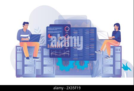 Data center technology concept in flat design. Server racks room of clouds computing scene template. Tech support, engineering process, networking. Ve Stock Vector