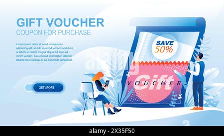 Gift voucher flat landing page with header. Coupon for purchase banner vector template. Gift certificate, advertisement, promotion, discount, bargain, Stock Vector