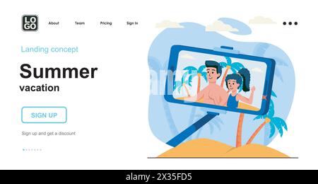Summer vacation web concept. Couple taking selfie on beach. Man and woman resting seaside resort. Template of people scene. Vector illustration with c Stock Vector