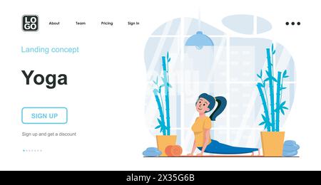 Yoga web concept. Young girl performs asanas in workout, training body strength, healthy lifestyle. Template of people scenes. Vector illustration wit Stock Vector