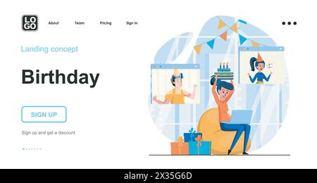 Online birthday party web concept. Woman celebrating holiday with friends via video conference. Template of people scene. Vector illustration with cha Stock Vector