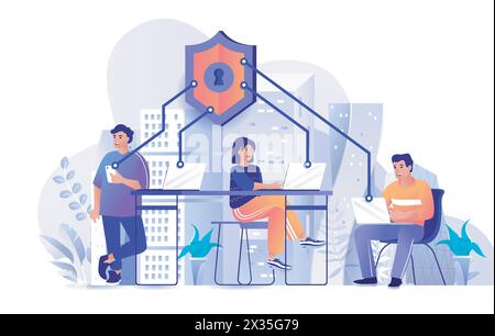 Network security concept in flat design. Personal data protection across devices scene template. Men and women using laptops or smartphones safety. Ve Stock Vector