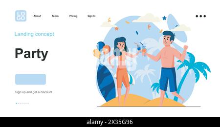 Party web concept. Couple having fun at beach party, celebrating holiday together, drinks at event. Template of people scenes. Vector illustration wit Stock Vector