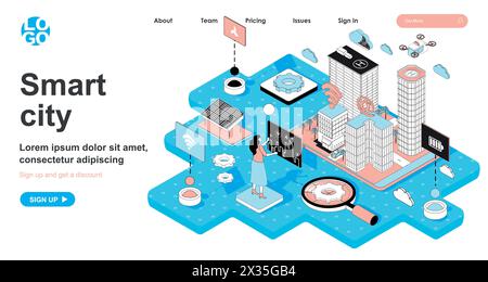 Smart city isometric concept. Future cityscape, skyscrapers and infrastructure, management with wireless technology, line flat isometry web banner. Ve Stock Vector