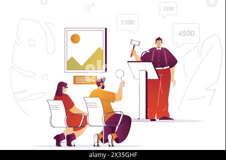 Auction in art gallery web concept. Man with gavel, buyers bargain for picture. People scene with flat line characters design for website. Vector illu Stock Vector