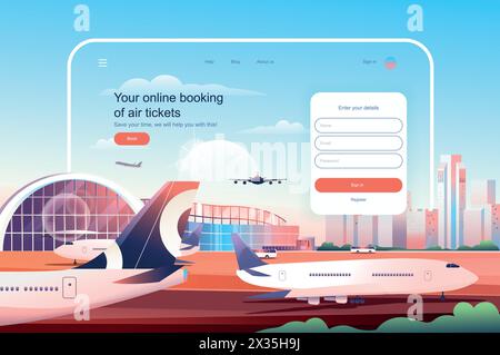 Online booking at air tickets concept. Airplane ticket reservation service website layout. International tourism and travel, go on vacation. Vector il Stock Vector