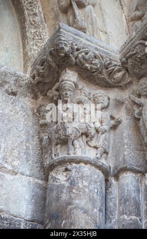 Church of San Miguel portal. Estella-Lizarra town, Navarre, Northern Spain. Flight into Egypt Stock Photo