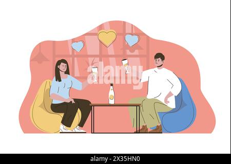 Romantic dinner concept. Man and woman on date in restaurant situation. Loving couple, family relationship people scene. Vector illustration with flat Stock Vector