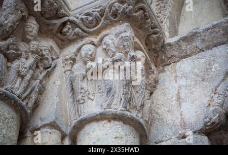 Church of San Miguel portal. Estella-Lizarra town, Navarre, Northern Spain. Presentation of the child in the temple Stock Photo