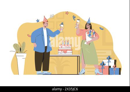 Birthday party concept. Man congratulates woman, gives her flowers bouquet situation. Festive event with cake people scene. Vector illustration with f Stock Vector