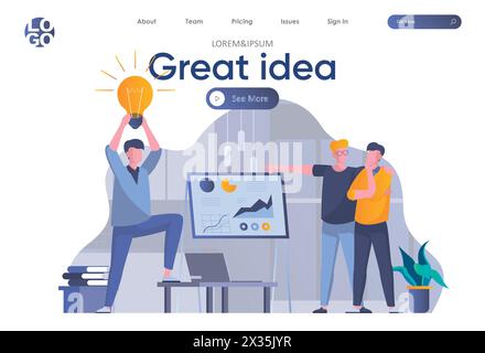 Great idea landing page with header. Man presenting new great idea before investors, startup team brainstorming in office scene. Coworking, teamwork a Stock Vector