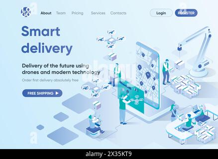 Smart delivery isometric landing page. Delivery by quadcopter, local shipping service, online tracking. Express delivery template for CMS and website Stock Vector