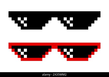 Pixelated Sunglasses Set. Pixel Boss Glasses, 8 bit Style. Meme Game 8-bit Sunglasses Design Template, Isolated Stock Vector