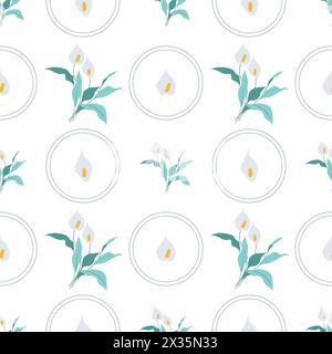 Summer flowers and leaves pattern seamless. Abstract calla lilies flowers, petals with leaves in circle geometric shapes endless ornate. Botanical wal Stock Vector