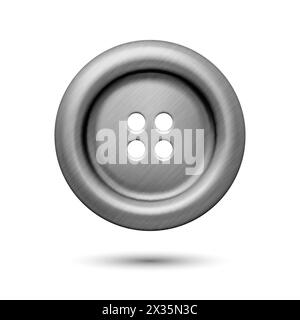 Vector Gray Silver Color Metal Four Hole Clothes Button Closeup, Isolated on White Background. Round Button, Front View Stock Vector