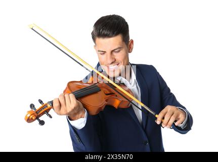 Happy man playing violin on white background Stock Photo