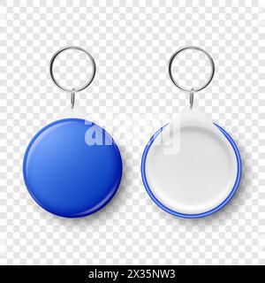 Vector 3d Realistic Blue Blank Round Button Badge with Ring Holder Closeup, Isolated. ID Badge Design Template, Mockup. Design Template for Access Stock Vector