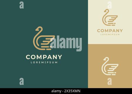 Line art swan logo with company lettering written underneath. Geese are displayed in a variety of colors and sizes Stock Vector