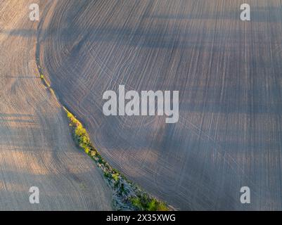 springtime aerial view of plowed corn fields in central Missouri Stock Photo