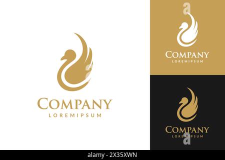 Silhouette swan logo with company text written underneath. The swan is gold and white Stock Vector