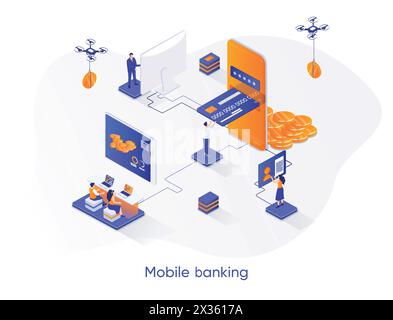 Mobile banking isometric web banner. Digital wallet, fintech mobile application isometry concept. Money transactions and payments 3d scene, smart fina Stock Vector