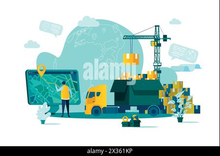 Logistics concept in flat style. Warehouse worker planning route on computer scene. Express delivery service, warehousing and distribution. Vector ill Stock Vector